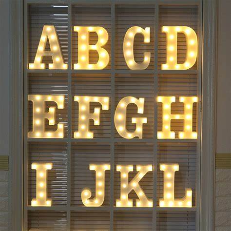 A window with lights that spell out letters.